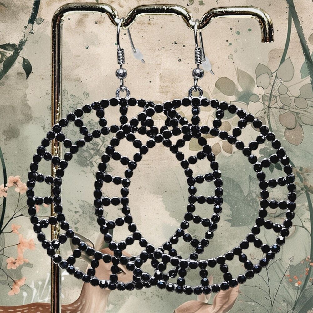 Black Rhinestone Dangle Fashion Earrings Pierced Classic Wheel Geometric Retro - Picture 3 of 12